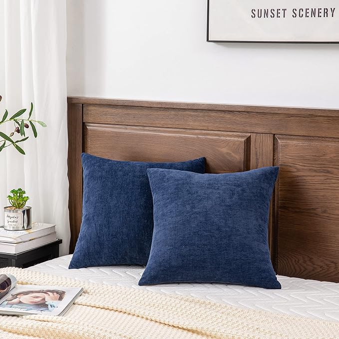 Decorative Square Throw Pillow Covers 18&#x22;x18&#x22; Inch Set of 2, Super Soft Chenille Pillows Cover Fall Pillowcase for Living Room Bedroom Sofa Couch Cushion Cover Navy Blue 45x45cm