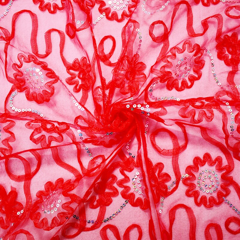 Red-Silver Nylon Floral Applique Sequined Mesh Tulle Fabric By the Yard