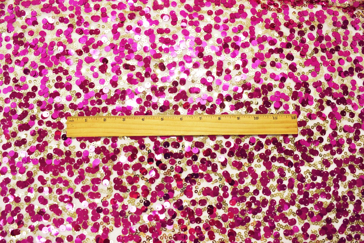 Fuchsia Pink-Gold-Beige Nylon Sequined Mesh Tulle Fabric By the Yard