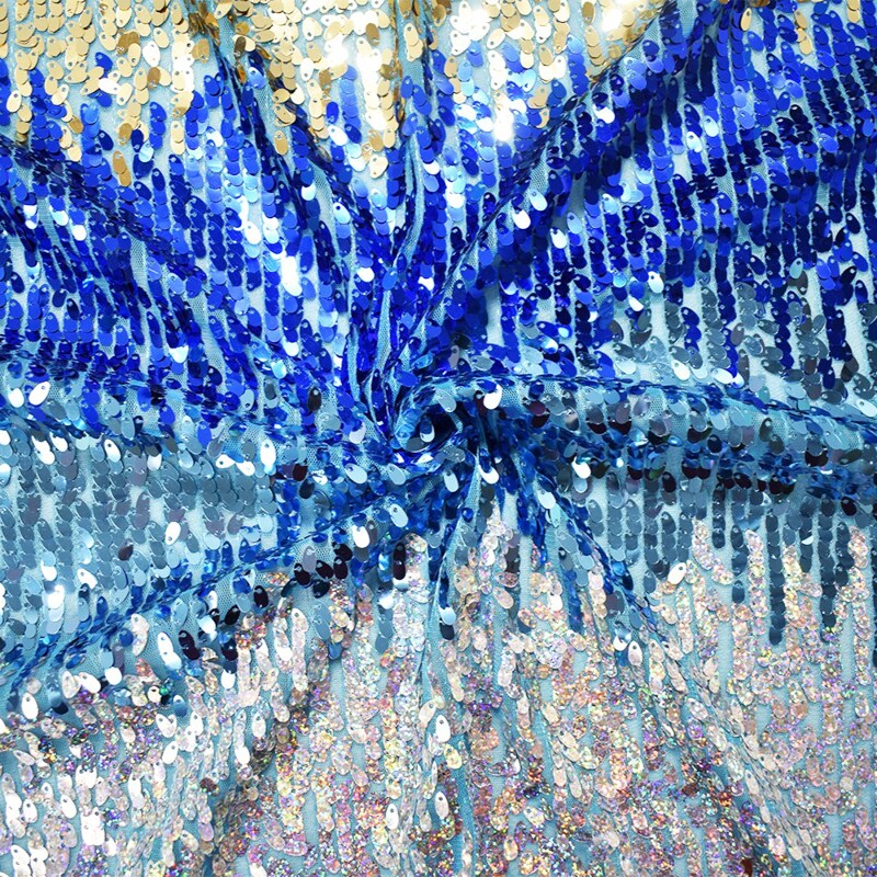 Aquatic Blue-Gold-Silver Nylon Sequin Striped Mesh Tulle Fabric By the Yard