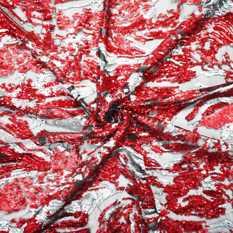 Red-Black-Silver Nylon-Poly Abstract Sequined Tulle Fabric By the Yard