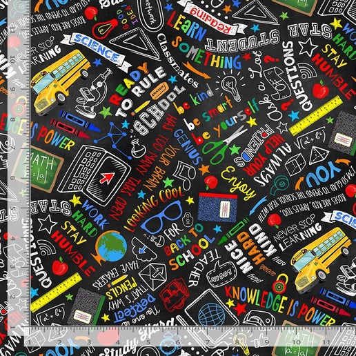 Back to School Chalkboard Text Black Cotton Fabric by the Yard