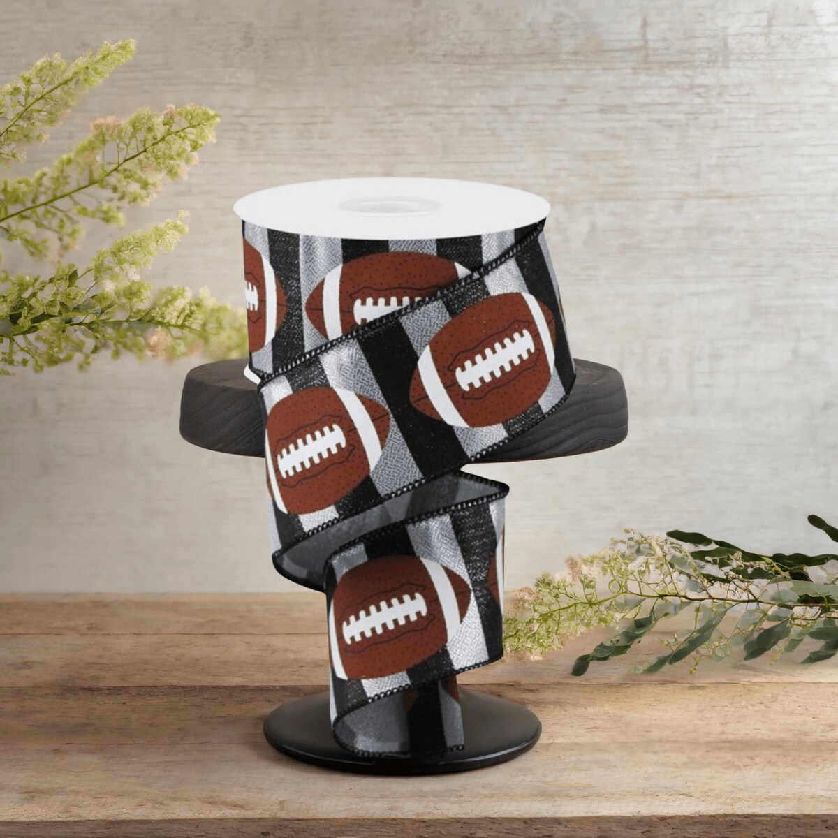 2.5&#x22; Footballs On Stripe Ribbon: Black &#x26; Silver (10 Yards)