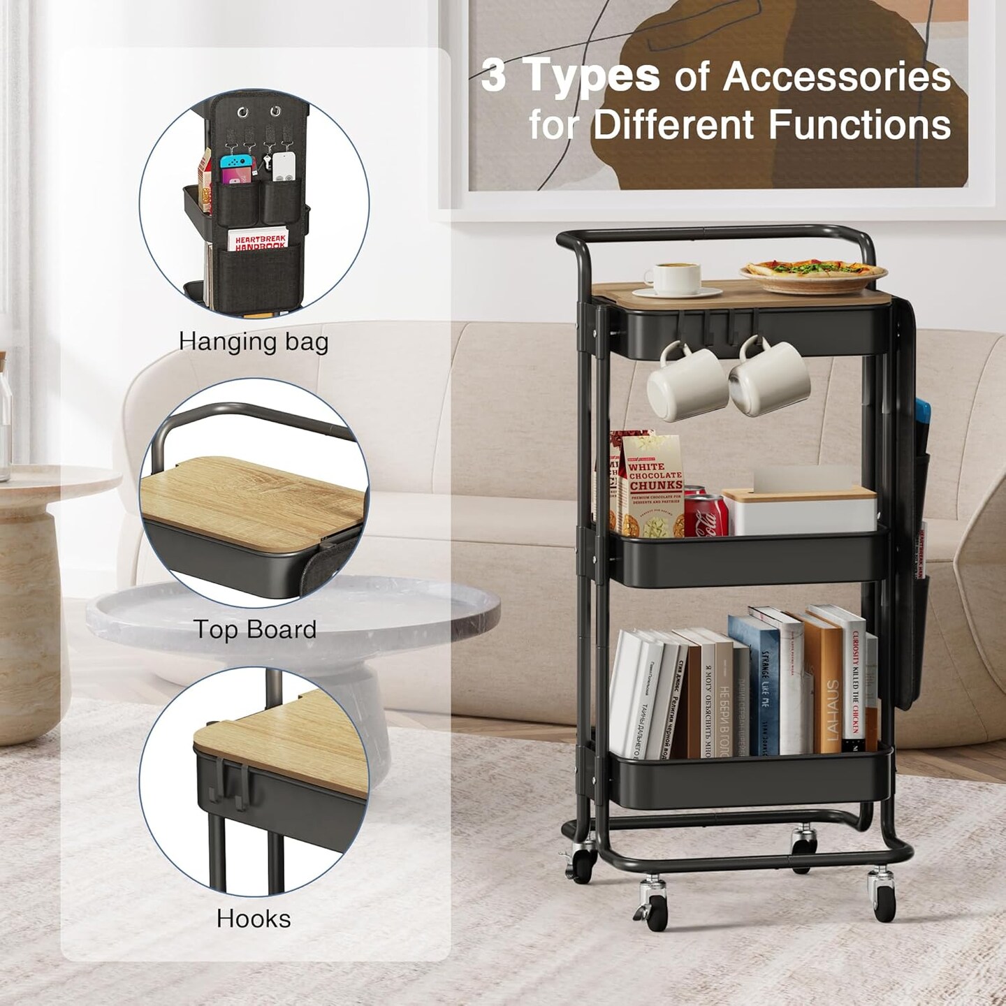 3 Tier Metal Utility Rolling Cart with Table Top and Side Bag-Art Craft 4 Hooks - (Black)