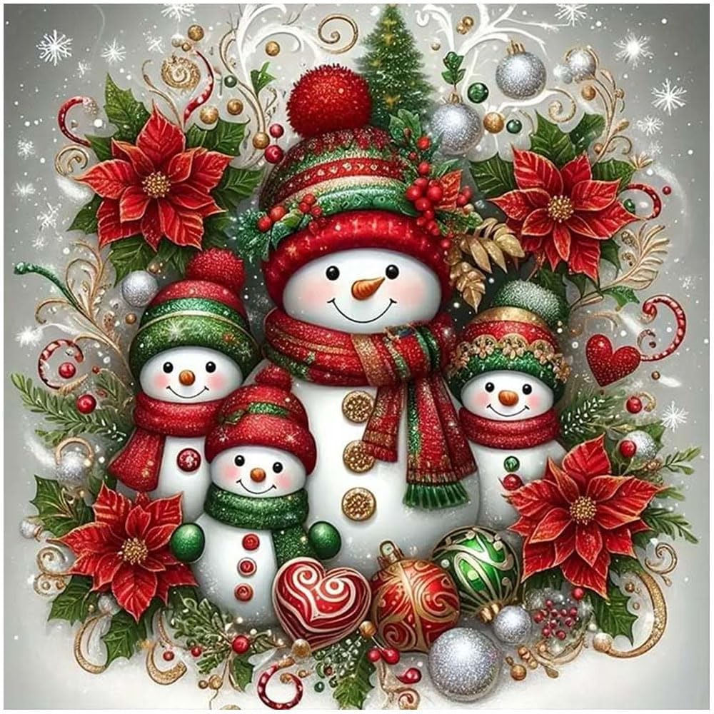 Christmas Snowman Family Diamond Painting Kit for Adults &#x2013; 5D Full Round Drill DIY Diamond Art for Beginners &#x2013; Holiday Gem Dot Craft for Home Wall Decor &#x2013; 12 x 12 Inch