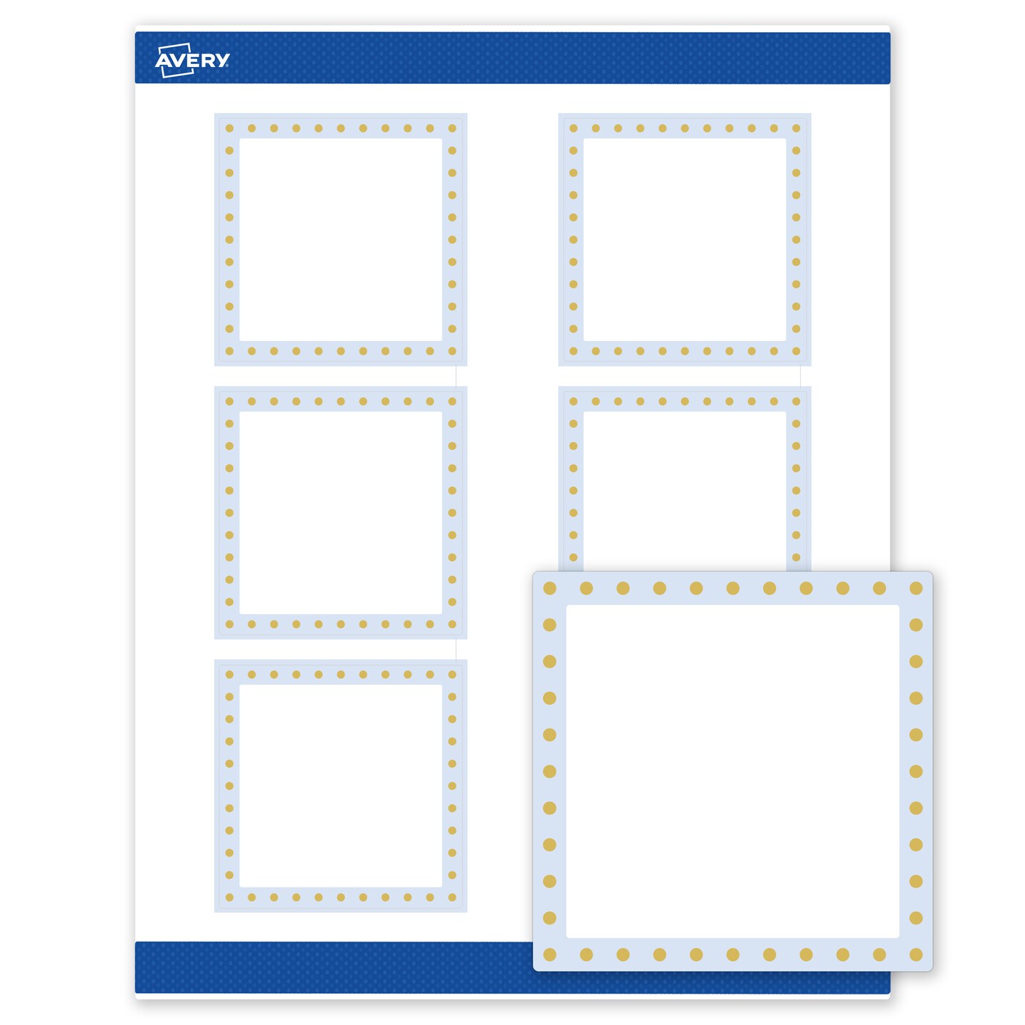 Avery Printable Square Labels, Gold Dots with Blue Border, 3" x 3", Matte White Square Labels, Permanent, Laser/Inkjet, 60ct, Great for Product Labels