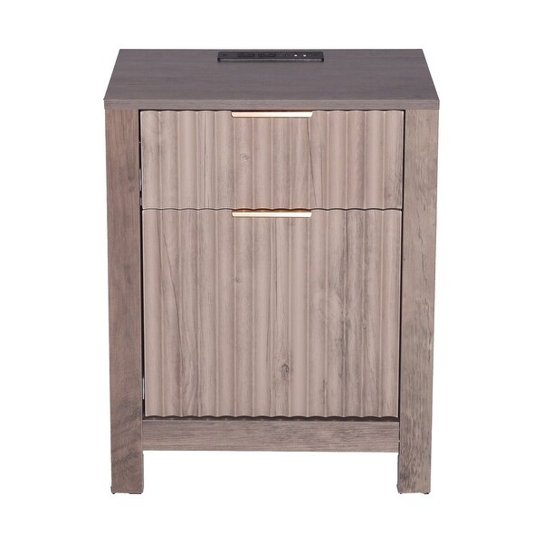 Gray Particle Board End Tables Set of 2, 2 Drawers, Power Strip and 3-Tier Set