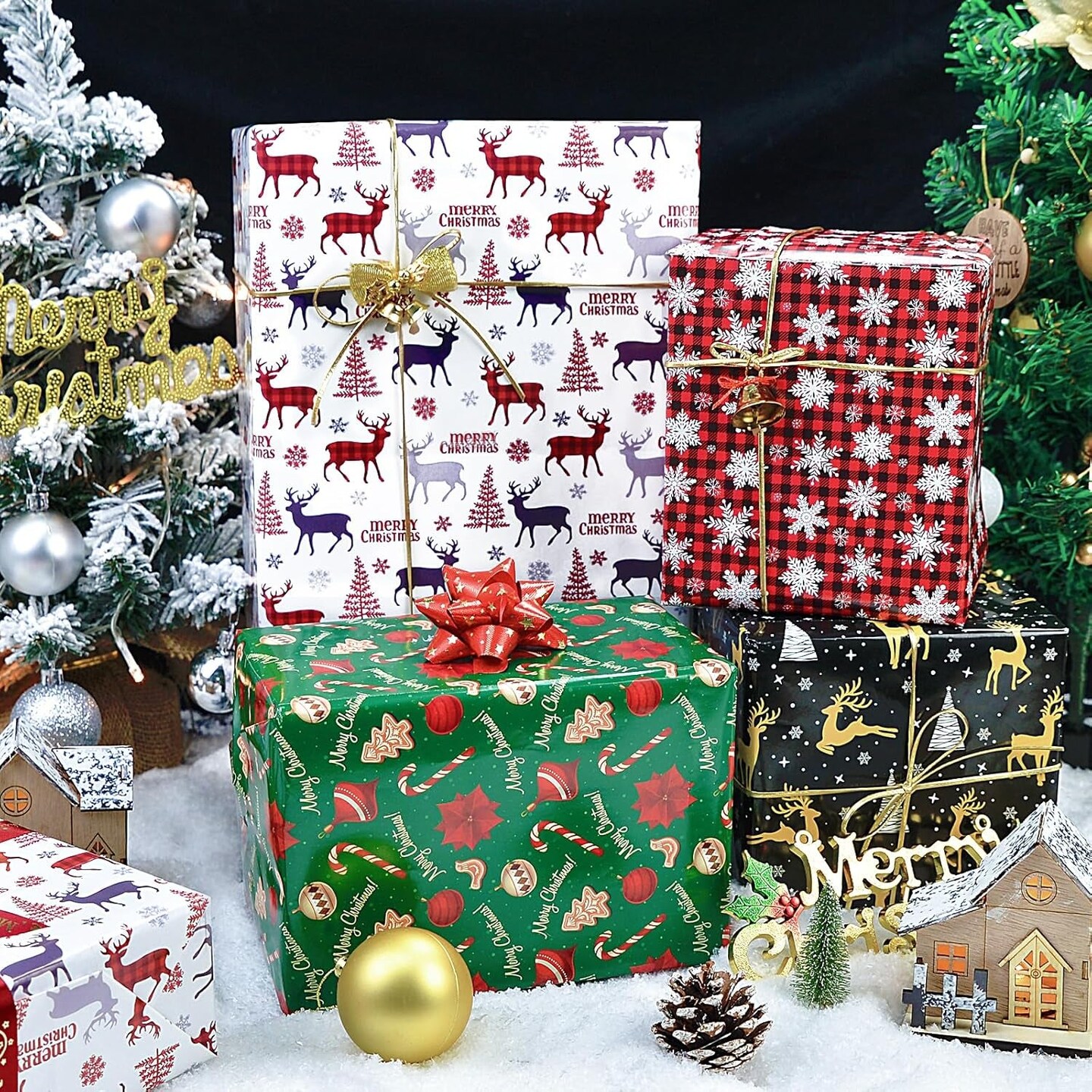 Christmas Wrapping Paper for Women Men Boys Girls,12Pcs Xmas Gift Wrapping Paper with Reindeer, Christmas Tree, Snowflakes, &#x22;Merry Christmas&#x22; Words, Candy Canes, Bells, Holiday Gift Wrap 20&#xD7;29 Inch