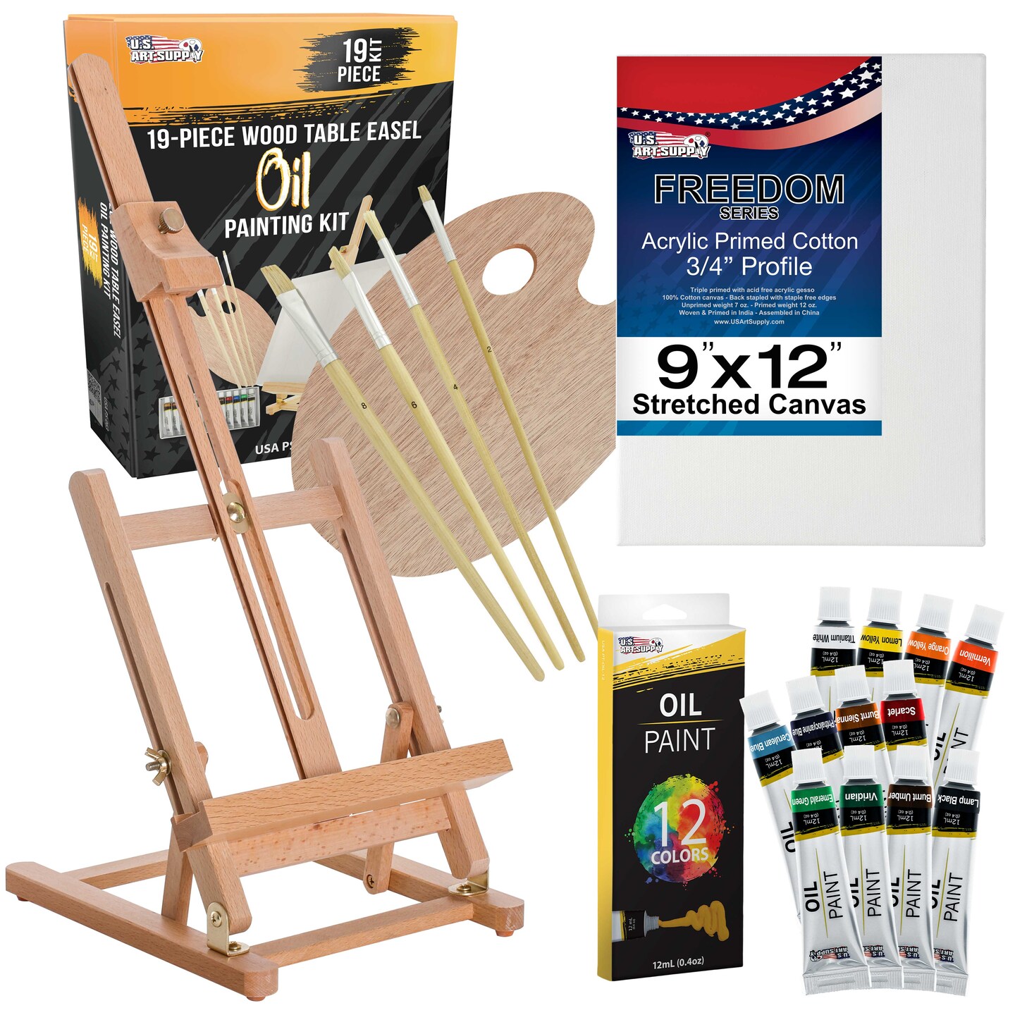 U.S. Art Supply 19-Piece Artist Oil Painting Set with Wooden H-Frame Studio Easel, 12 Paint Colors, Stretched Canvas, 4 Brushes, Palette - Starter Kit