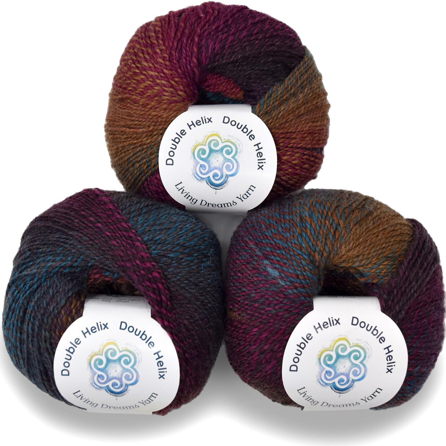 Double Helix by Living Dreams Yarn. Soft, Colorful Wool Yarn for Crochet, Knitting, Weaving. Self-Striping Sport Weight Yarn, 3 Pack, 150g
