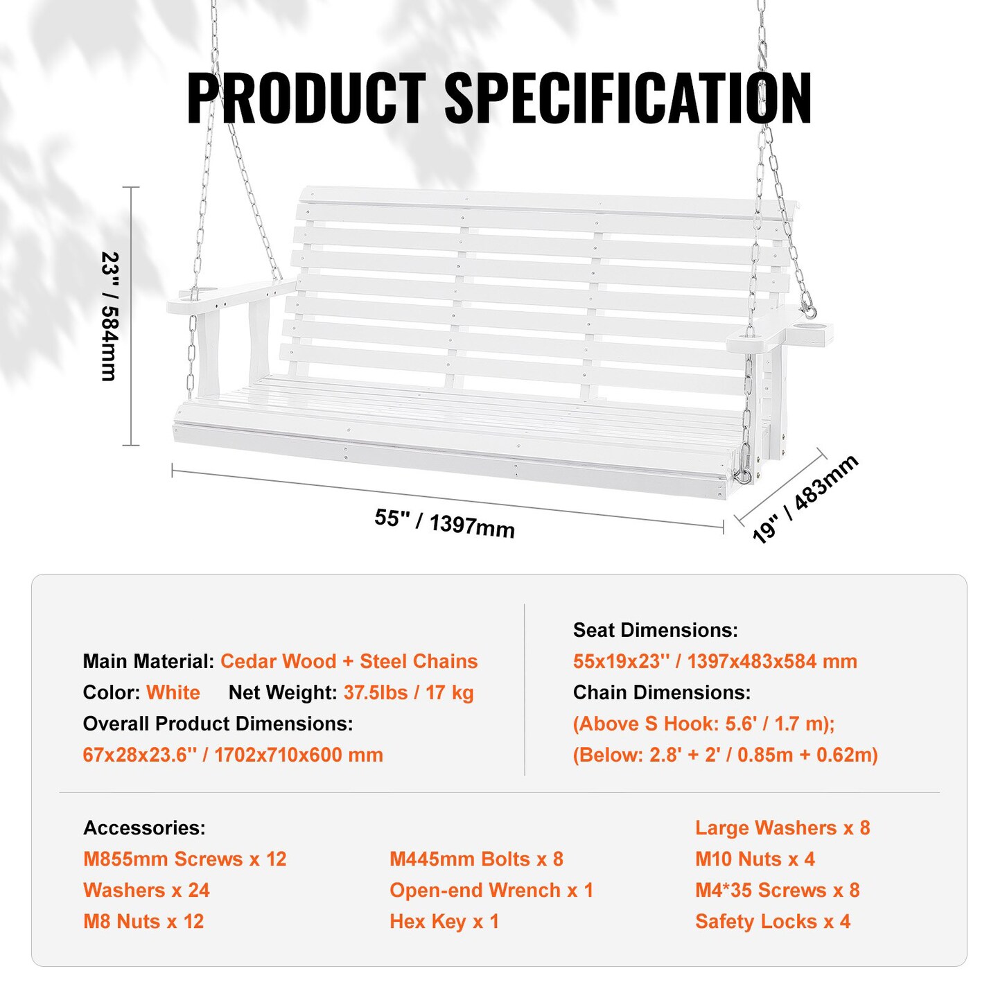 White Cedar Wood Porch Swing with Steel Chains and Cup Holders