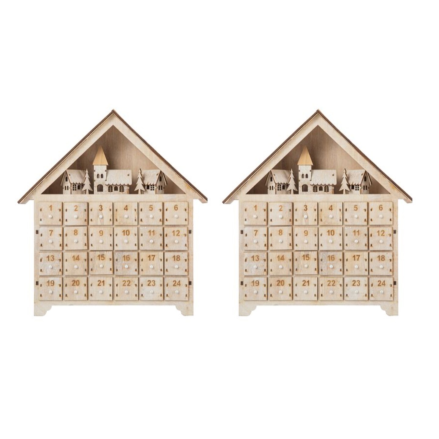 Set of 2 15.5&#x22;H Wooden LED Farmhouse Advent Calendar D&#xE9;cor