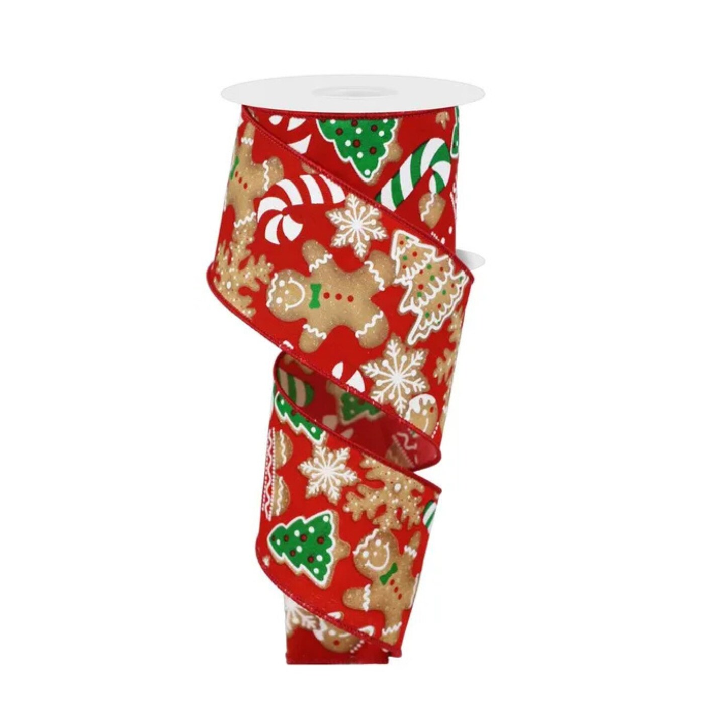 2.5"x10yd Gingerbread Cookies Christmas Wired Ribbon – Red Holiday Ribbon for Wreaths & Bows-RGE188524