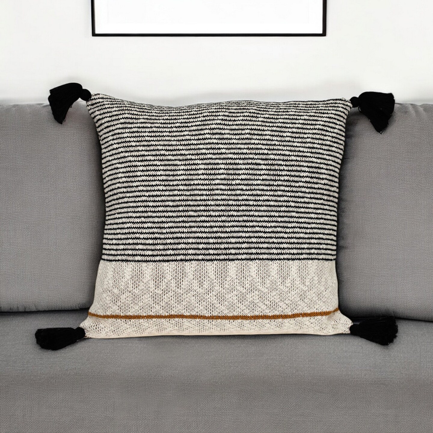 Edge Collections - 20" x 20" x 4" - Beige - Decorative Stripe Accent Pillow with Tassel - 1 Piece