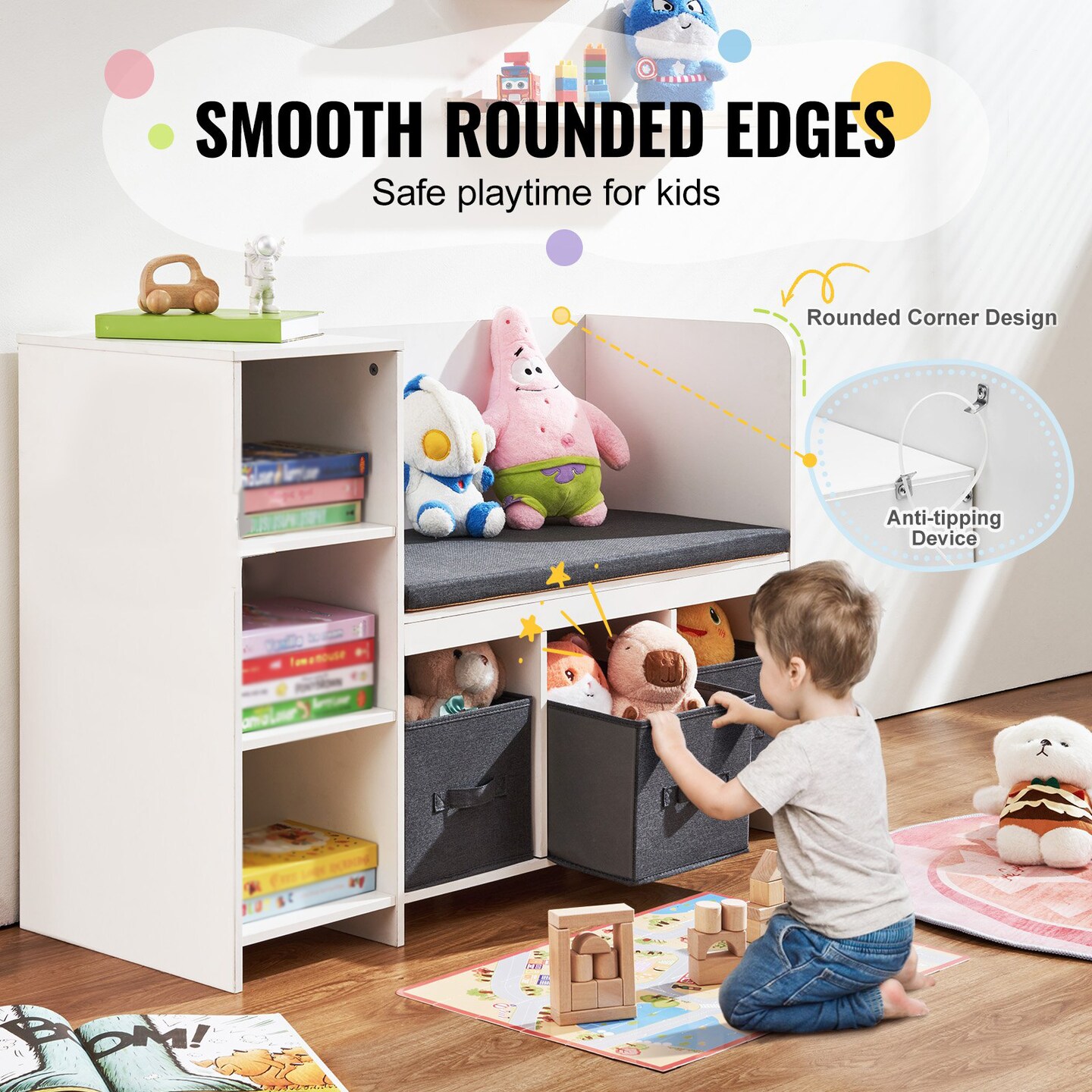 Kids Storage Bench with 6 Compartments 3 Drawers and Removable Cushion for Playroom