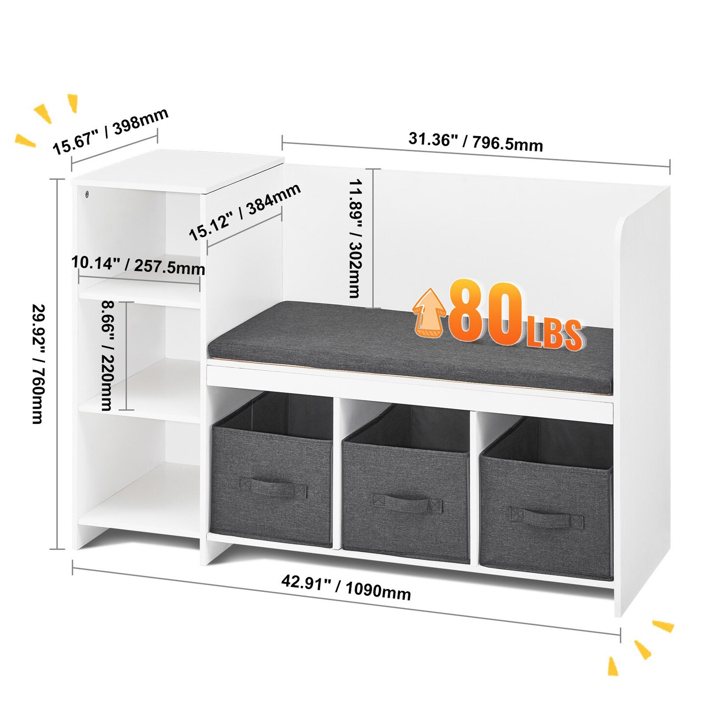 Kids Storage Bench with 6 Compartments 3 Drawers and Removable Cushion for Playroom