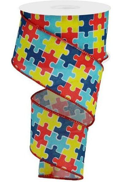 2.5&#x22; Puzzle Piece Royal Ribbon: Autism Awareness (10 Yards)