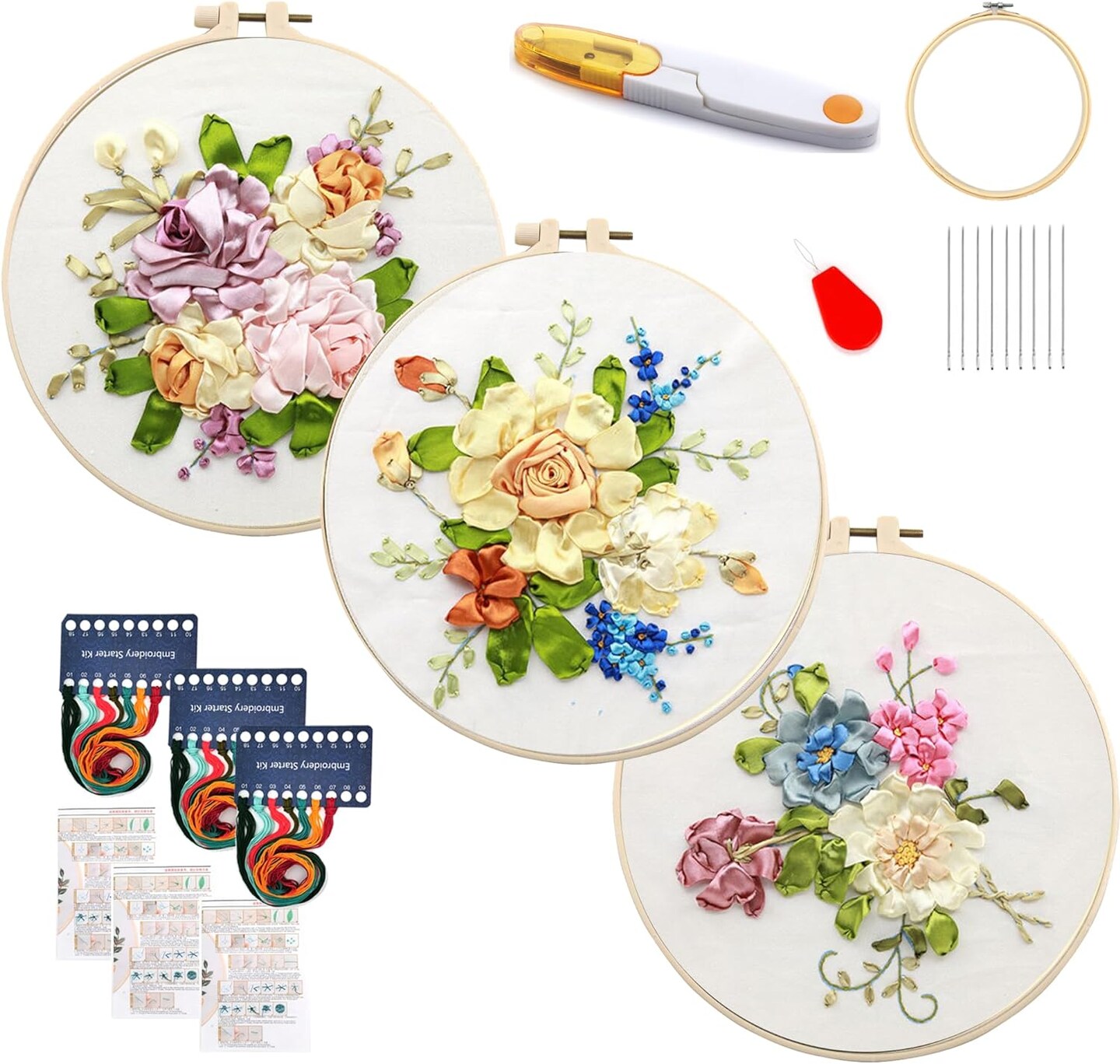 3 Pack Embroidery Starter Kit with Pattern, Stamped Cross Stitch Kits