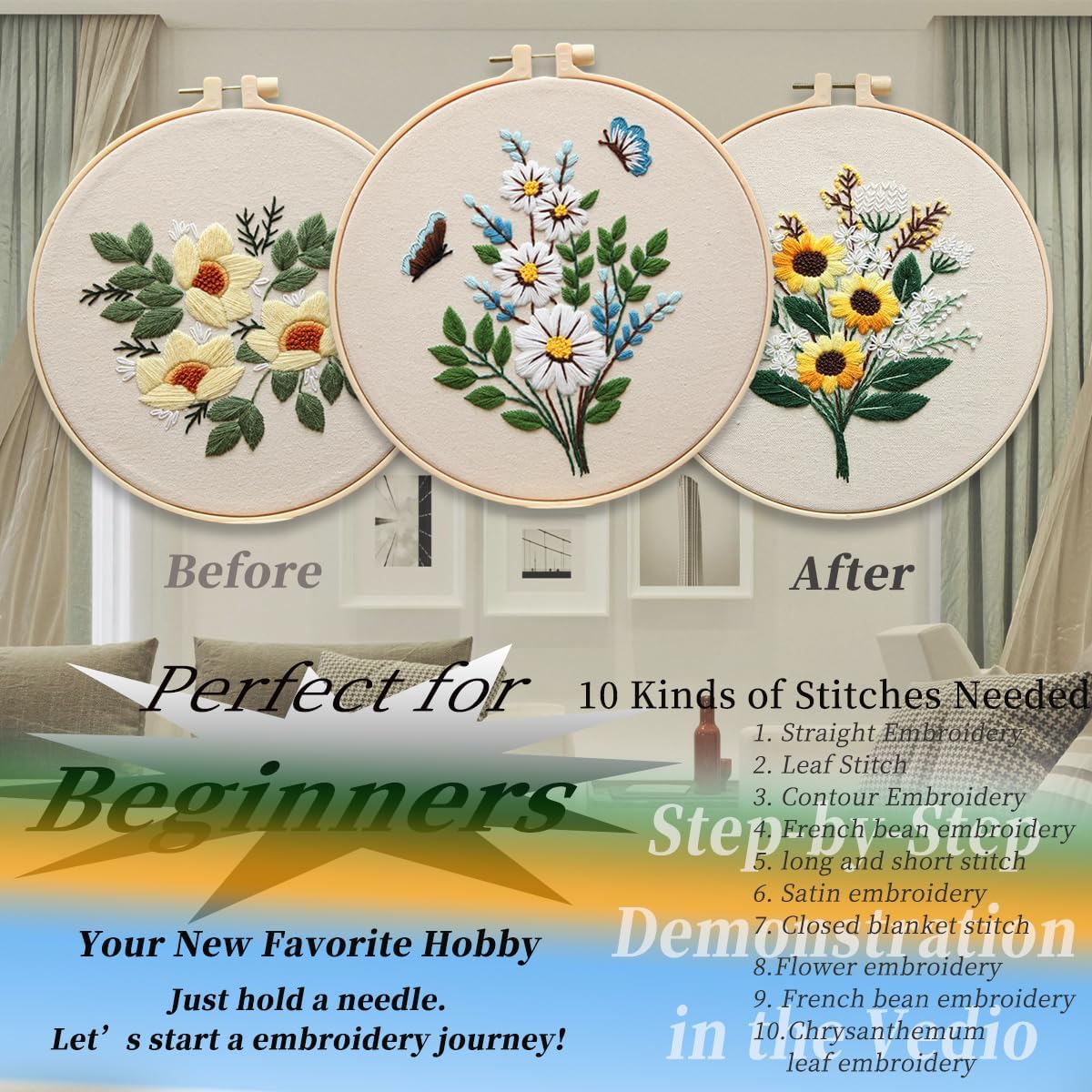 Embroidery Kit for Beginners,Plants Flowers Pre-Stamped Pattern Kits