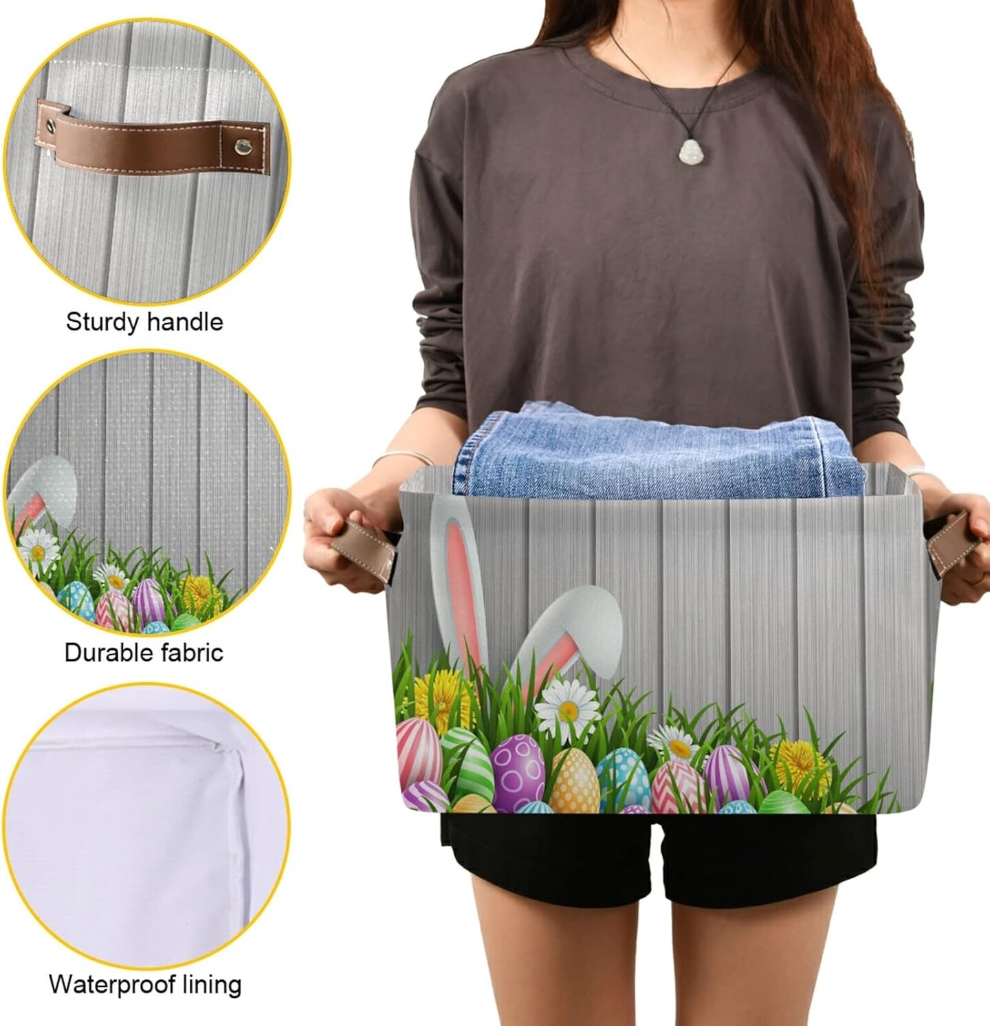 Easter Storage Basket with Handles, Easter Bunny Ears Flowers Wood Large Foldable Fabric Collapsible Storage Bins Organizer Bag for Storage