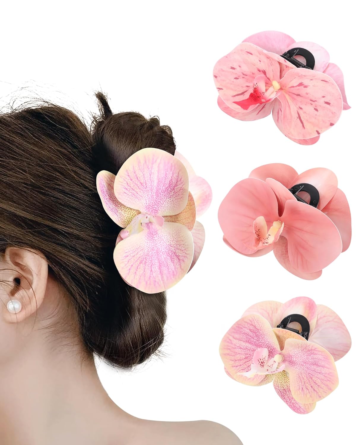 Orchid Flower Hair Claw Clips 3 Pack - Medium 11cm Spring Hair Claws