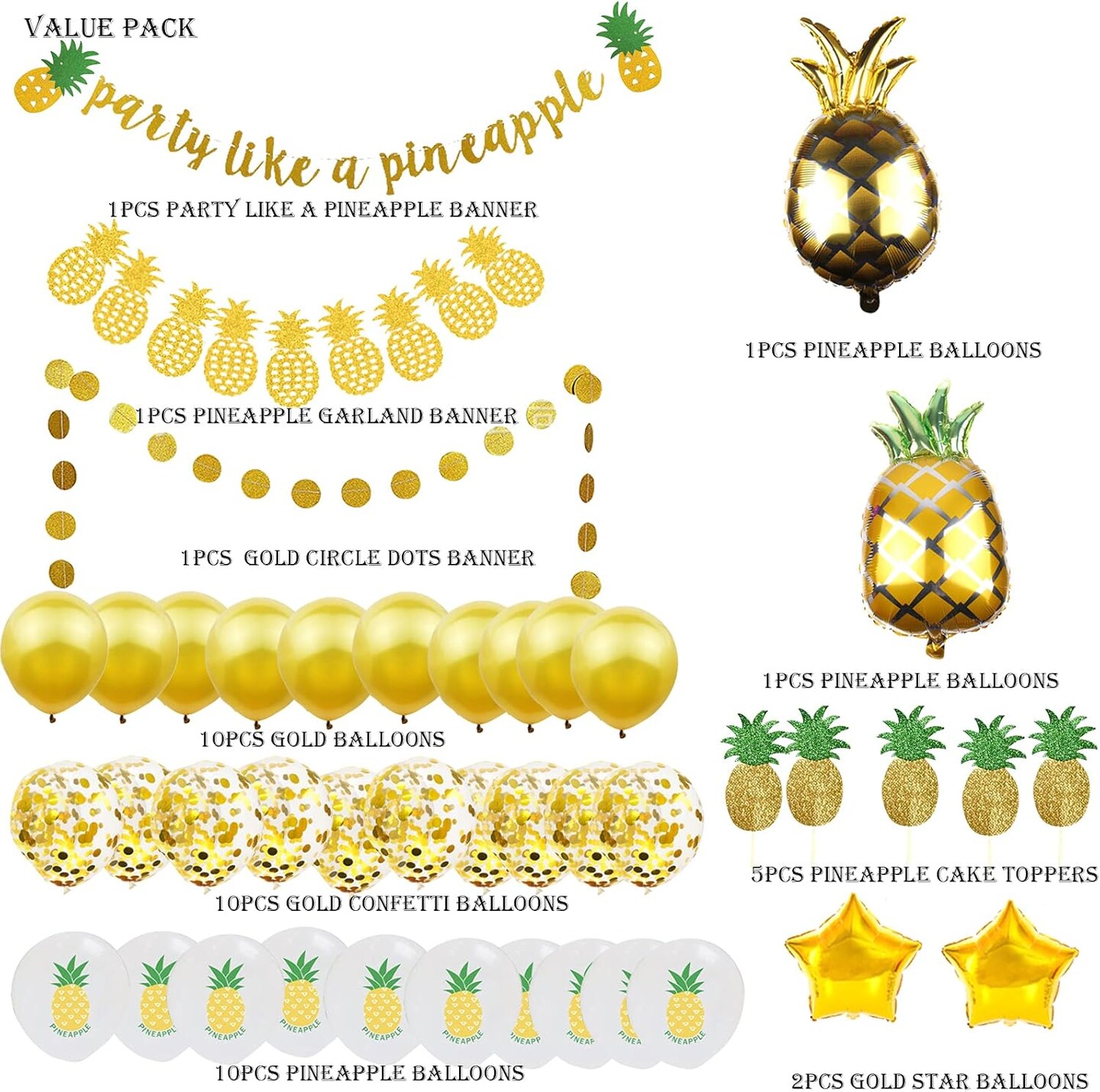 Gold Glitter Pineapple Party Decorations – Summer Pineapple Garland Banner, Latex & Foil Balloons, Cupcake Toppers for Bachelorette, Birthday & Luau Parties