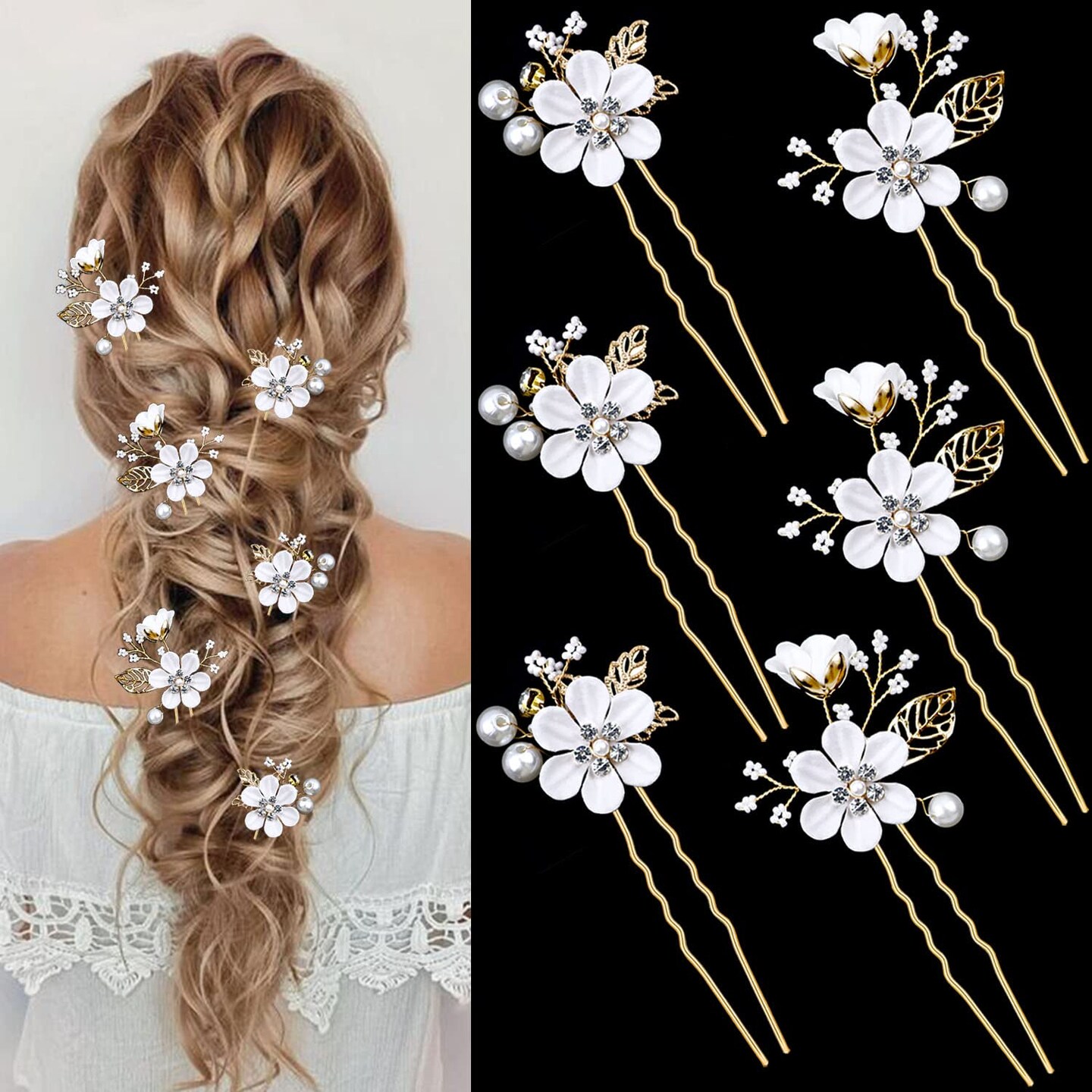 6 PCS Crystal Pearl Flower Hair Clips with Rhinestone (Pure White Flower)