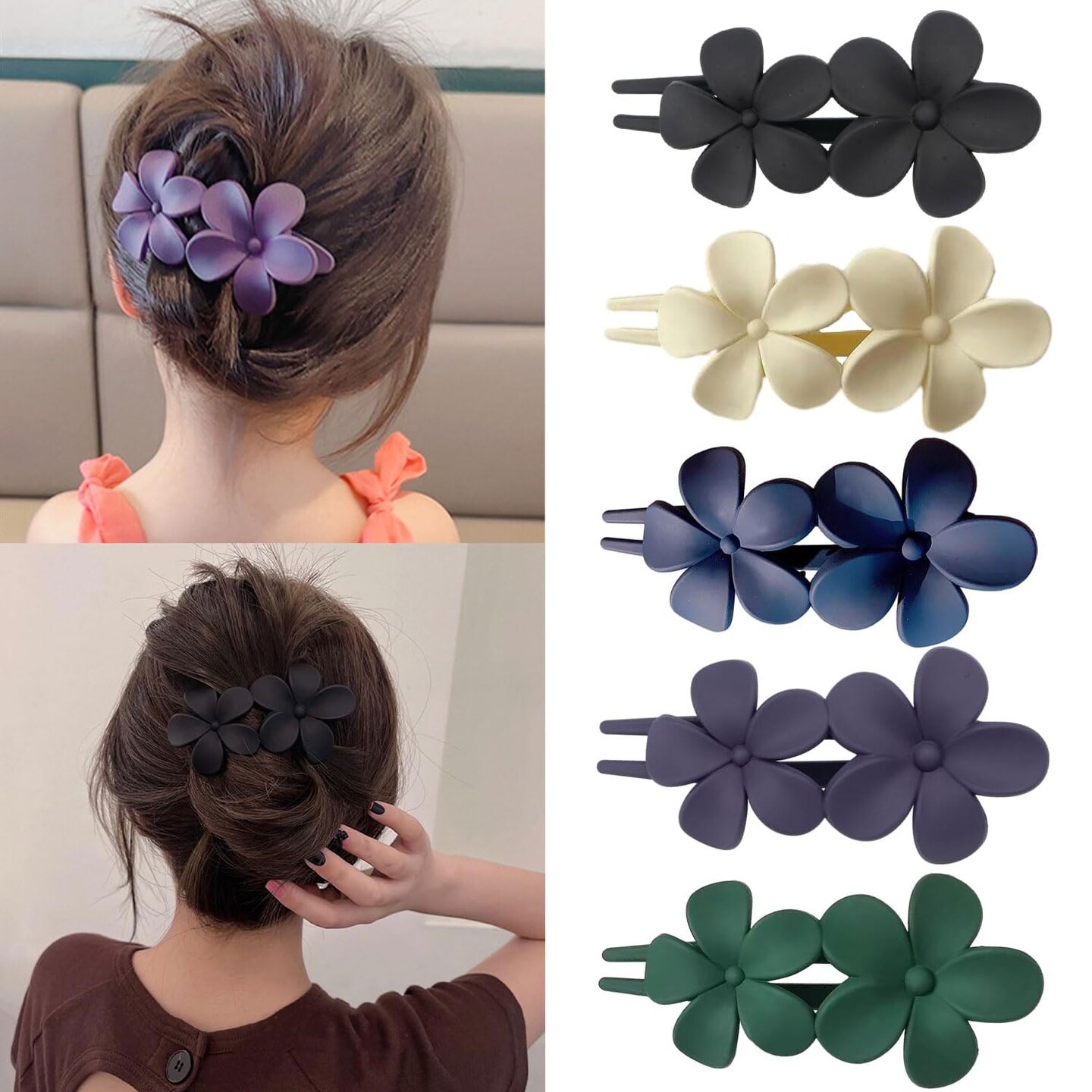 5Pcs Flower Flat Hair Clips (White, Green, Black, Purple, Blue)