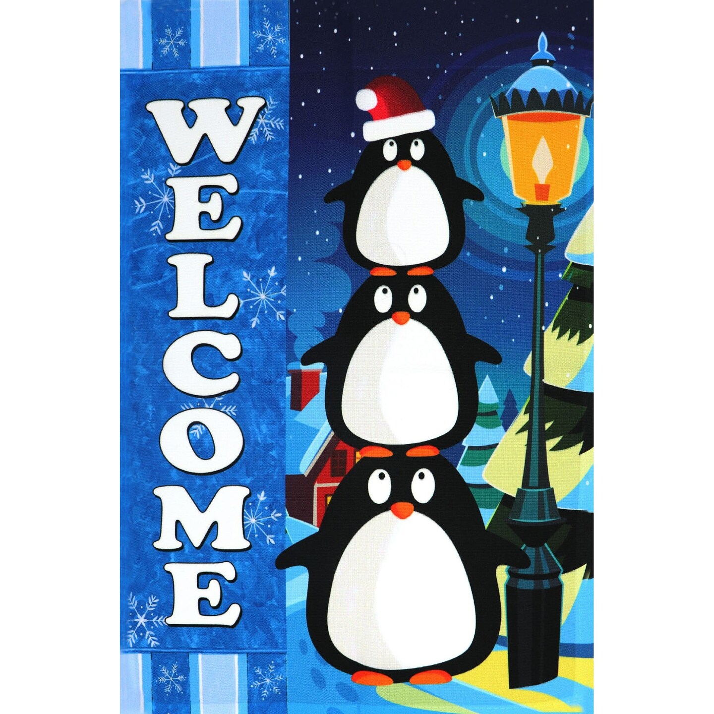 G128 - Christmas Garden Flag, Christmas and Winter Themed Decorations - Welcome Three Cute Penguins,  | 12x18 Inch | Printed 150D Polyester - Rustic Holiday Seasonal Outdoor Flag