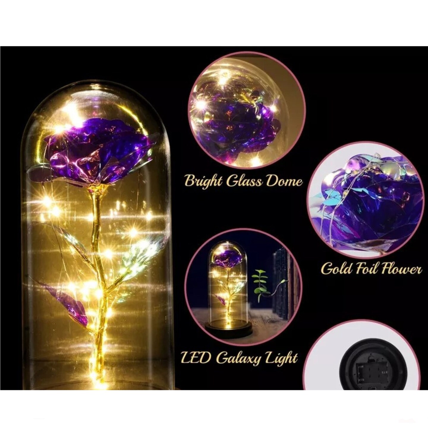 Preserved Rose in Glass Dome with LED Lights Elegant Gift Décor