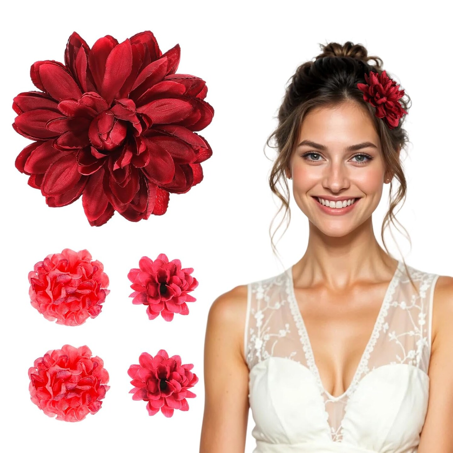 5 PCS Rose Hair Clip Red Flowers for Hair Rose Flower Brooch Clips Hawaiian Floral Mexican Decorative Hairstyle Accessories(Red)
