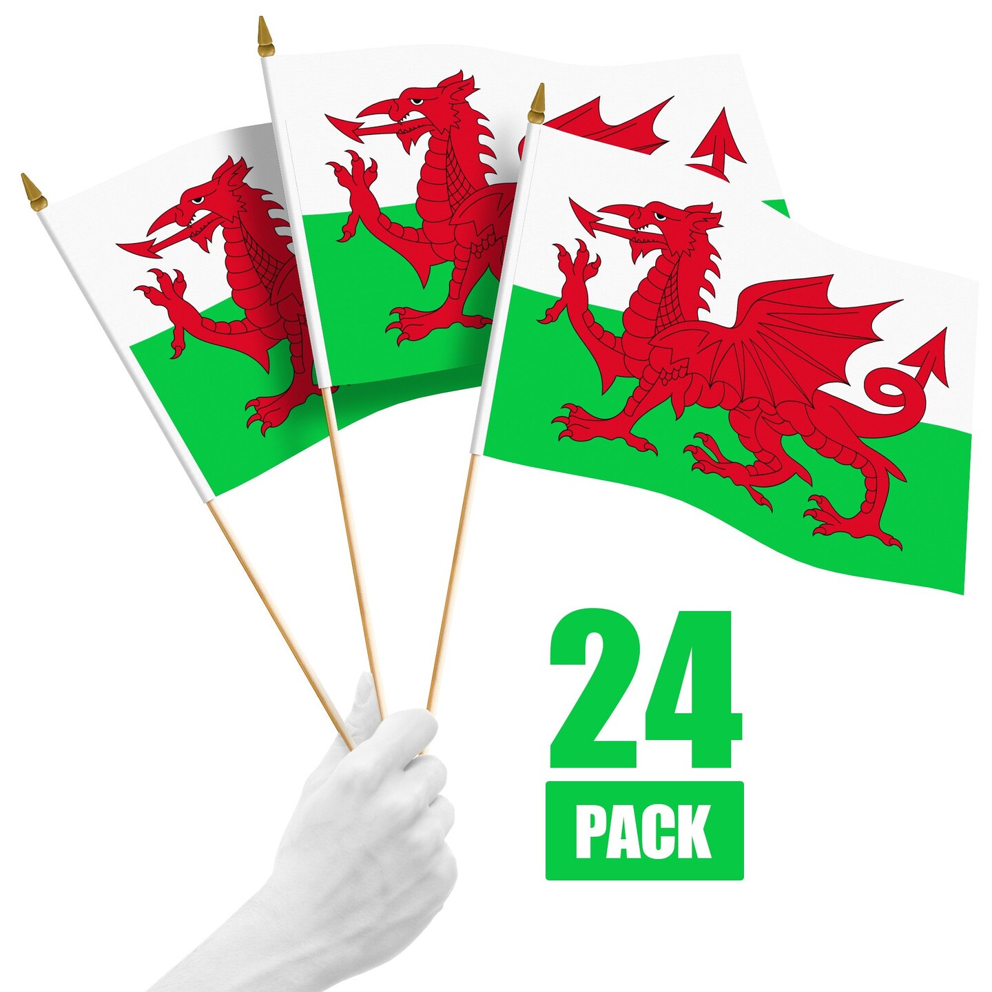 G128 24 Pack Handheld Wales Welsh Stick Flags | 12x18 In | Printed 150D Polyester, Country Flag, Solid Wooden Stick, Spear Gold Tip