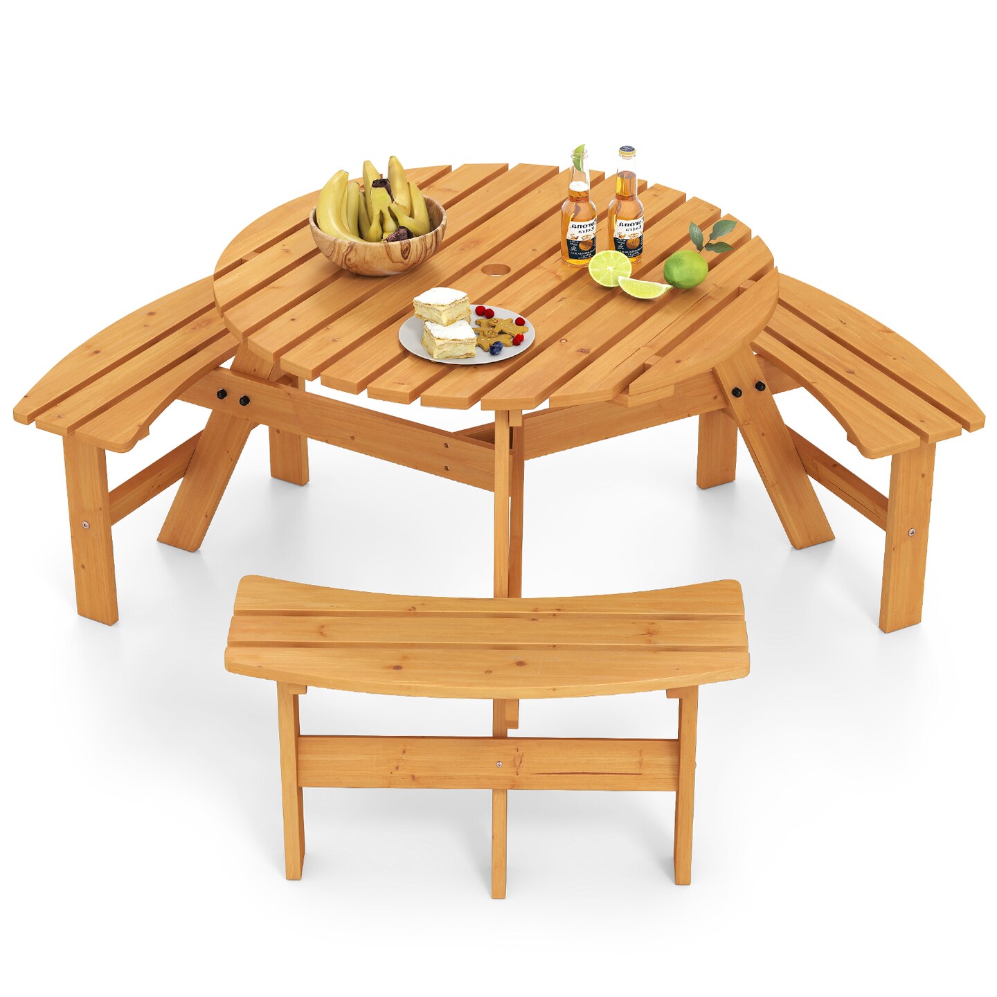Fir Wood Round Picnic Table Set with 3 Benches and Umbrella Hole
