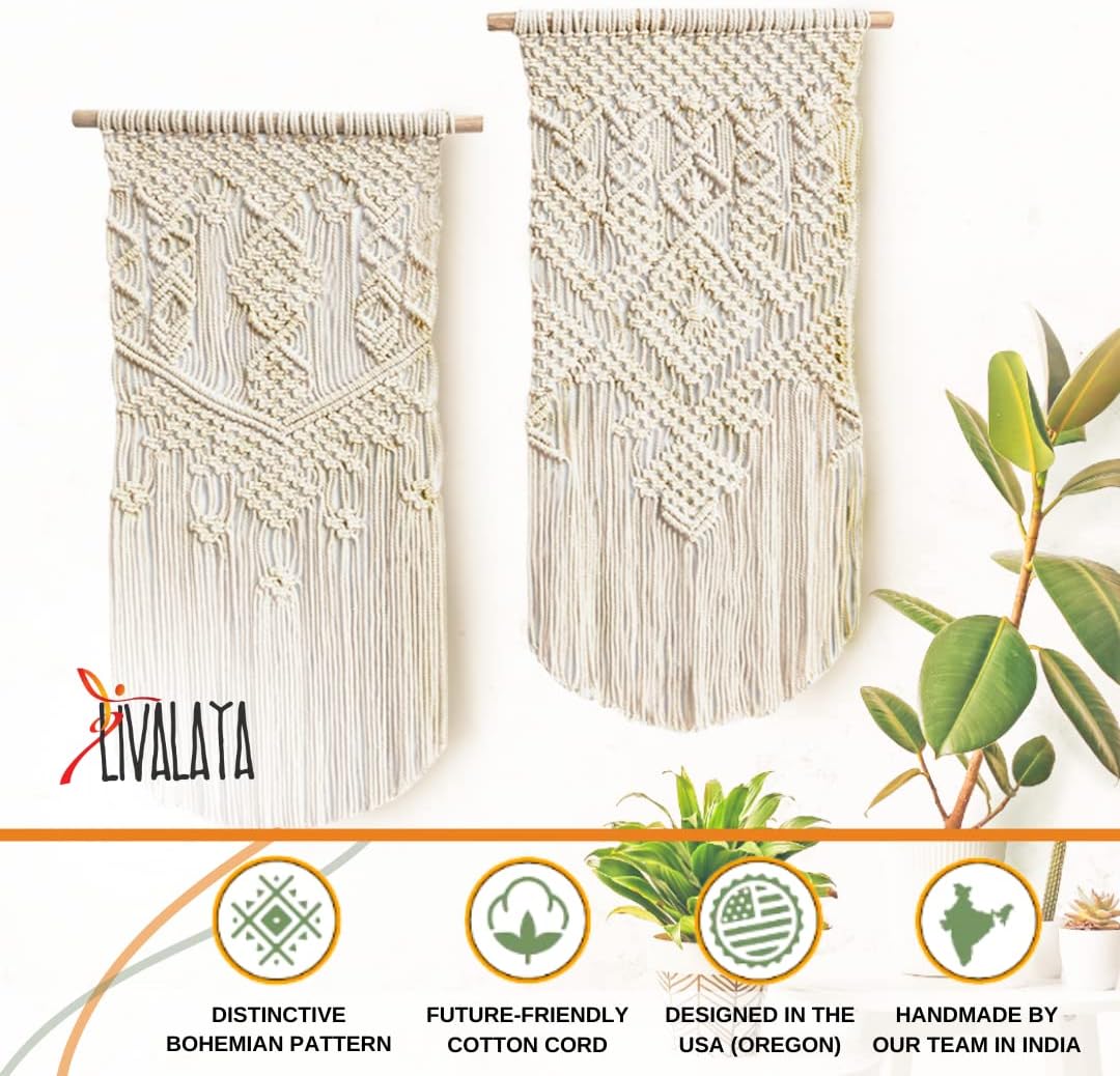 Set of 2 Boho Macrame Wall Hangings – Beige Woven Cotton Wall Décor for Farmhouse, Dorm, Nursery & Modern Home (24" L x 13" W)