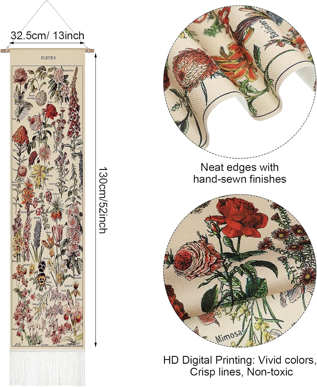 Vintage Tapestry 52 x 13 Inch, Long Vertical Wall Hanging Reference Illustrative Botanical Tassel Tapestry for Bedroom Living Room Home Decoration(Flower)