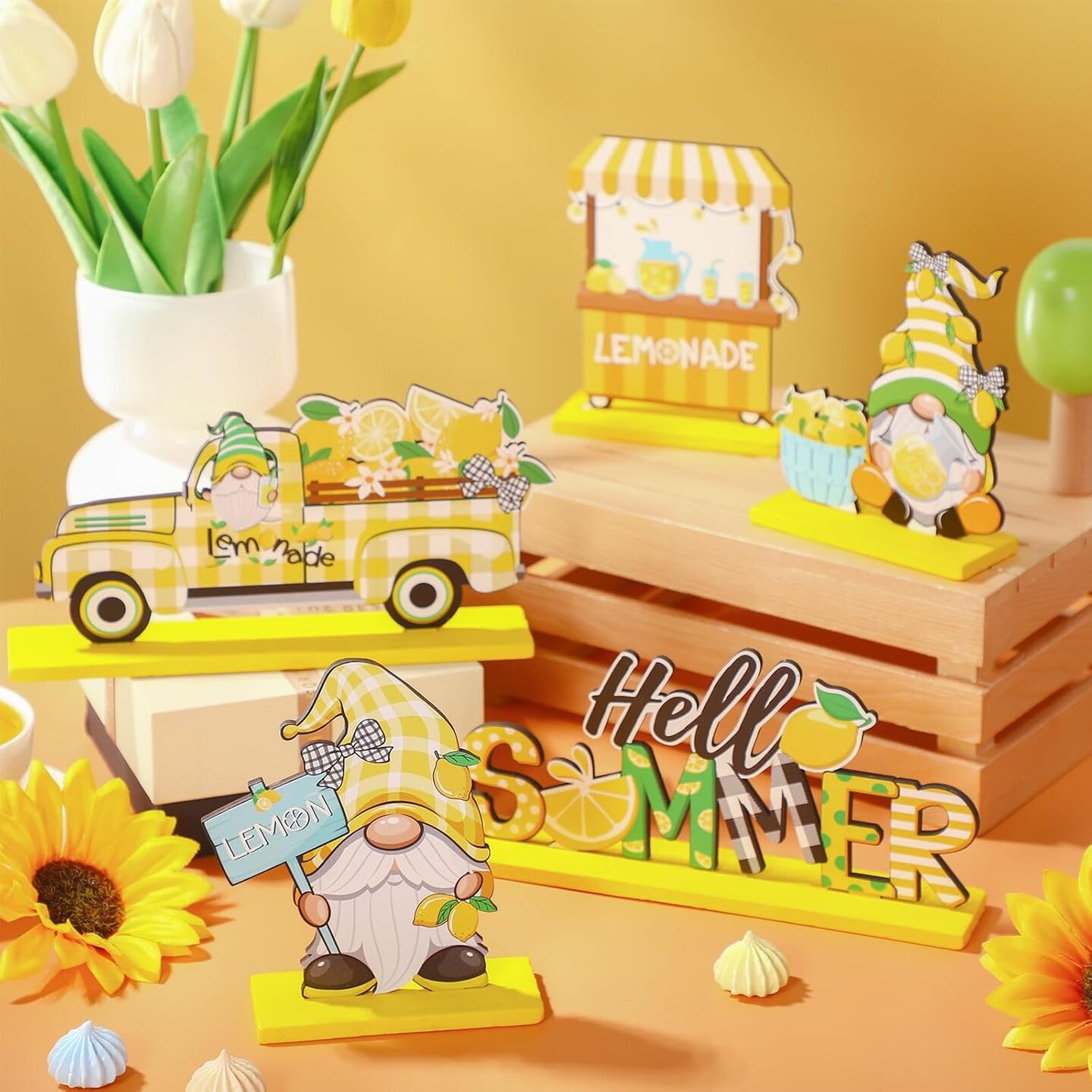 6 Pcs Lemon Decorations Lemon Gnome Wooden Table Centerpiece Hello Summer Lemonade Wood Sign for Table Farmhouse Kitchen Summer Lemon Theme Party Table Tiered Tray Decor