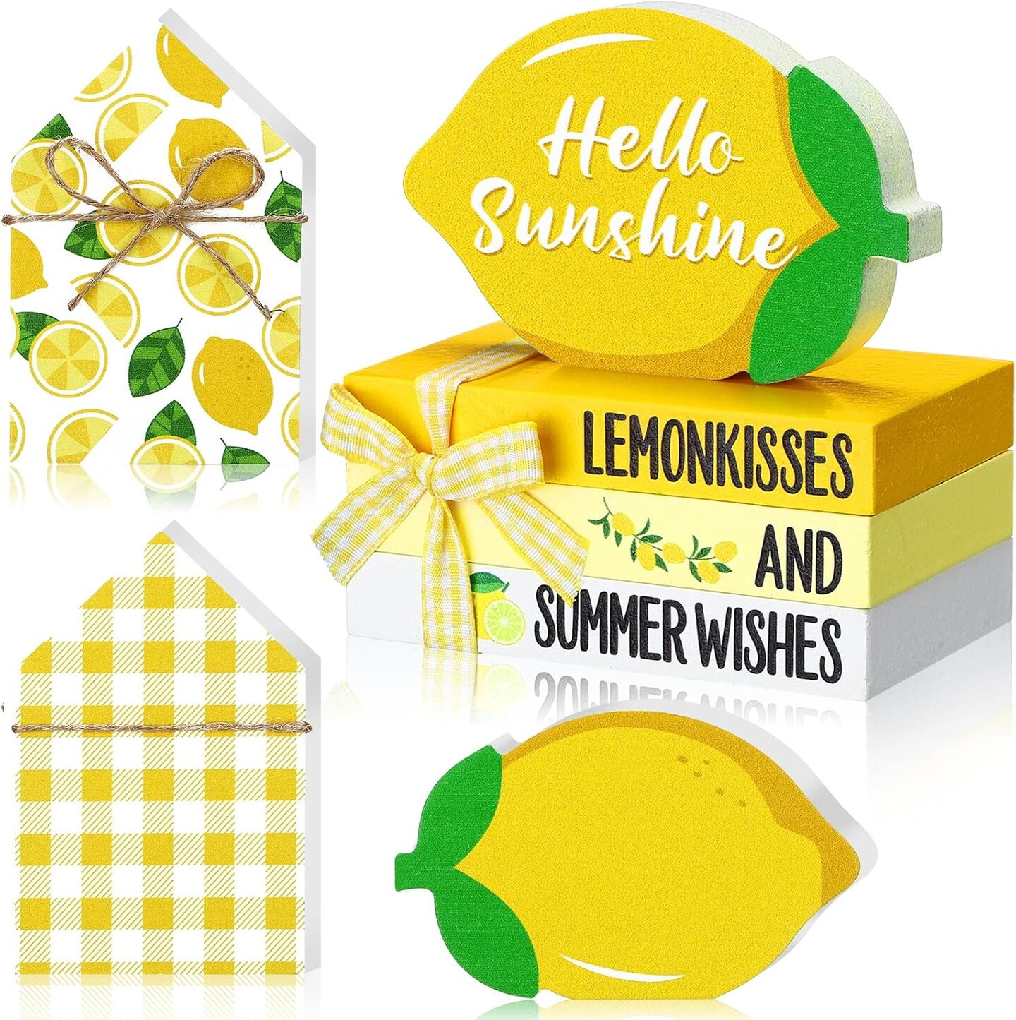 5 Pcs Summer Tiered Tray Set - Lemon Sunflower Beach Watermelon Mini Faux Books Stack with Twine Summer Wood Table Decor Starfish Truck Gnome Sign
