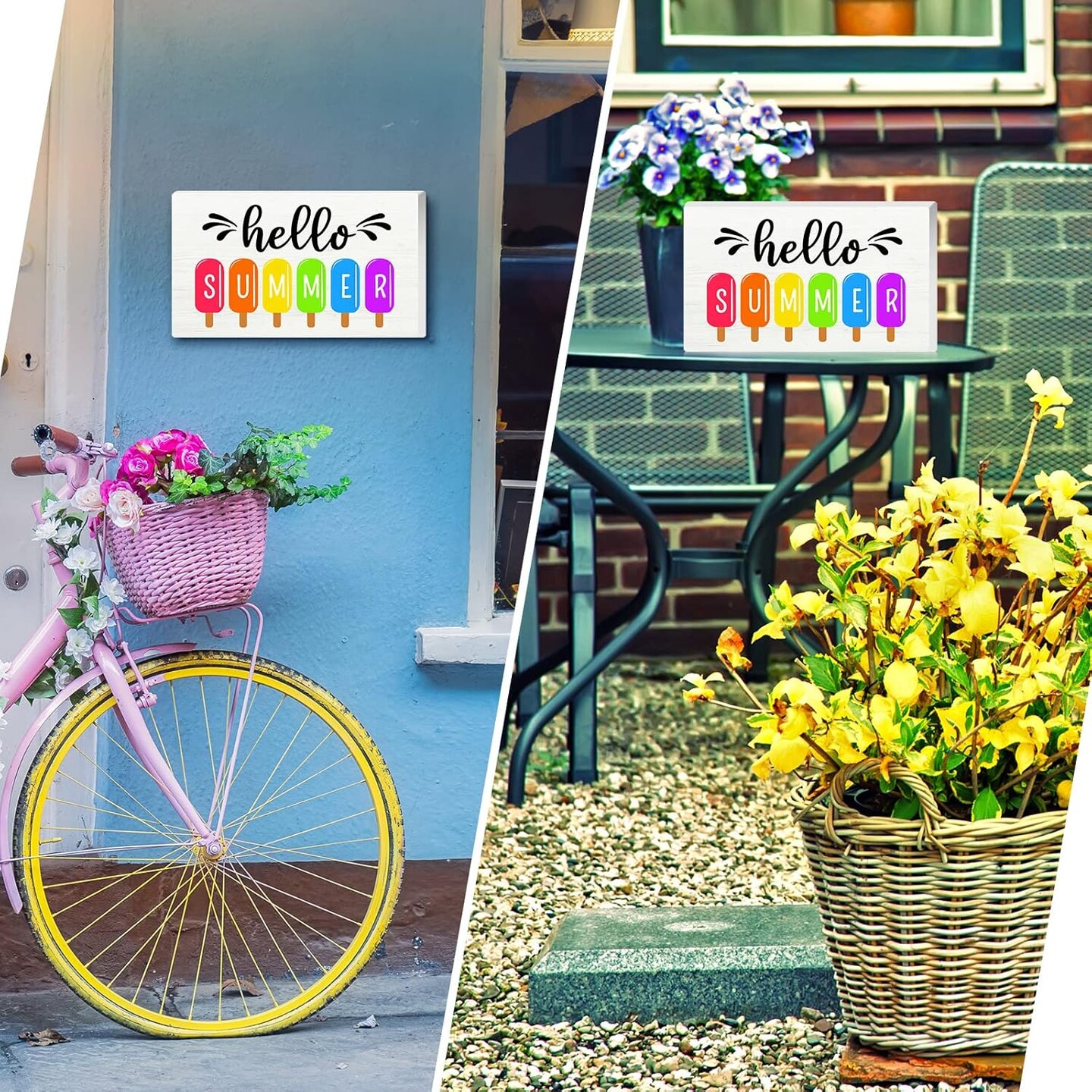 Hello Summer Wood Sign for Home Farmhouse Decor 9 x 5.5 Inch Summer Tabletop Centerpiece Freestanding Decor Wooden Cutout Decoration for Home Kitchen Counter Dining Room