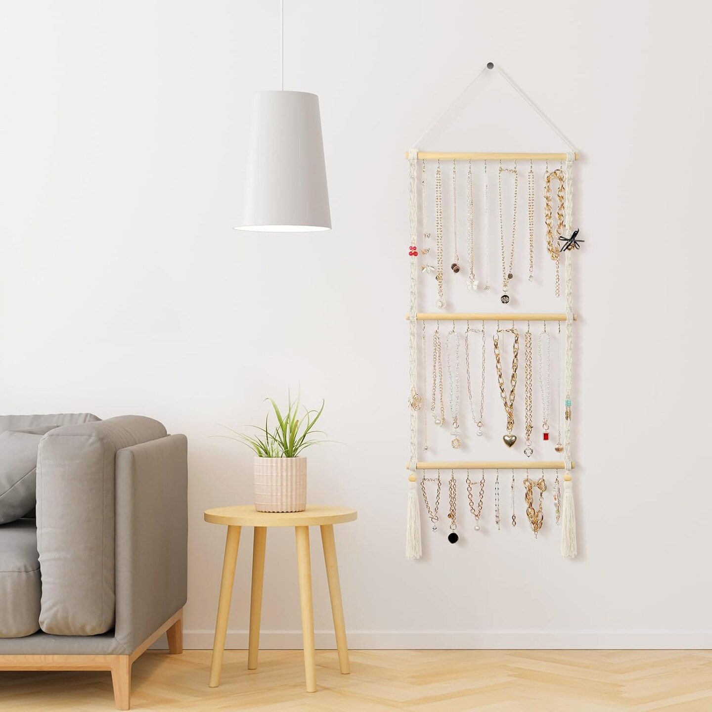 Hanging Jewelry Organizer Macrame Necklace Holder, with 30 Hooks, Over Door Necklace Rack, Wall Mounted Jewelry Hanger with Tassel Boho for Necklace Headband Bow Earring Bracelet