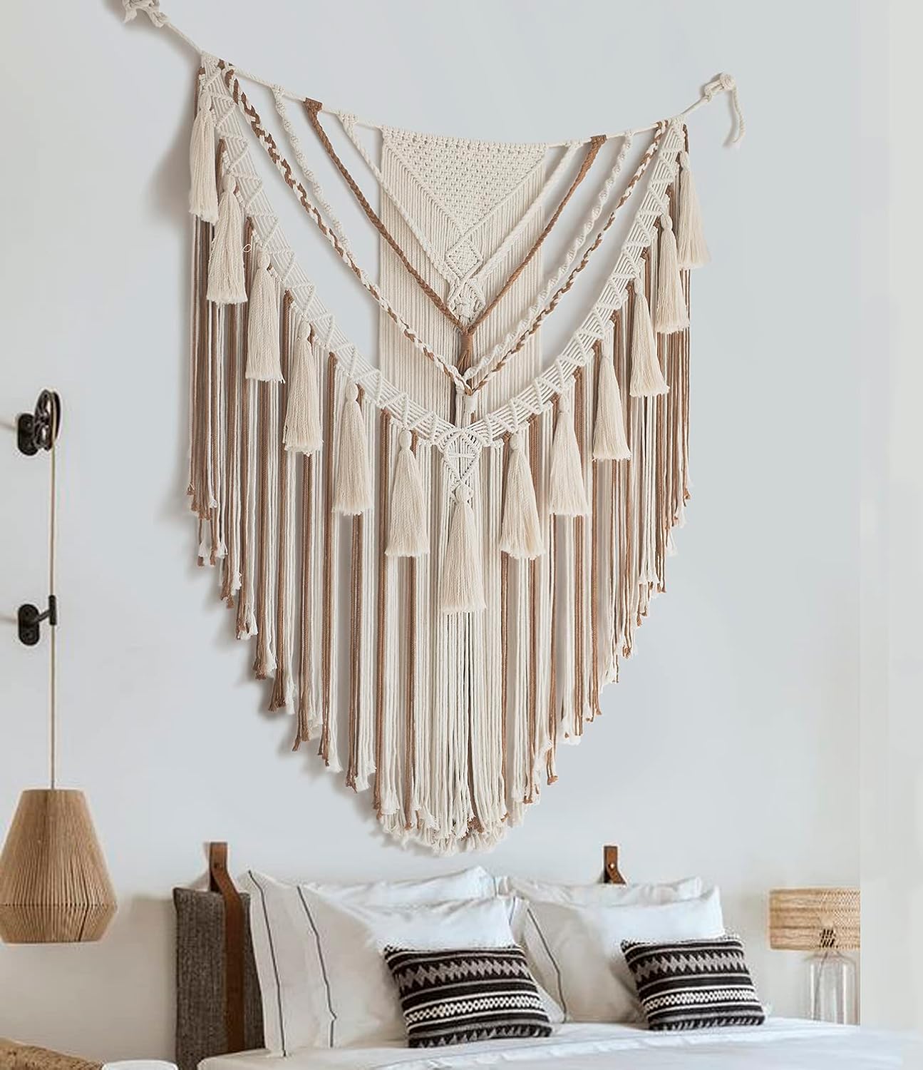 Large Macrame Wall Hanging 47&#x22; Wx 55&#x22; L Brown Macrame Wall Decor Boho Panels Handmade Yarn Wall Art Living Room Bedroom Home Decor