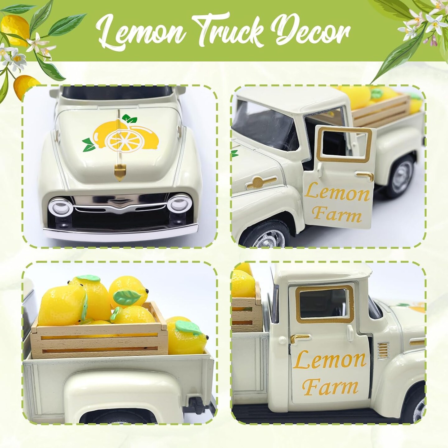 Lemon Decor Vintage Truck Decor with Mini Faux Lemons and Wooden Crate Summer Tabletop Decor Lemon Decorations for Home Desk Shelf Farmhouse Kitchen Centerpieces for Tables- Cream