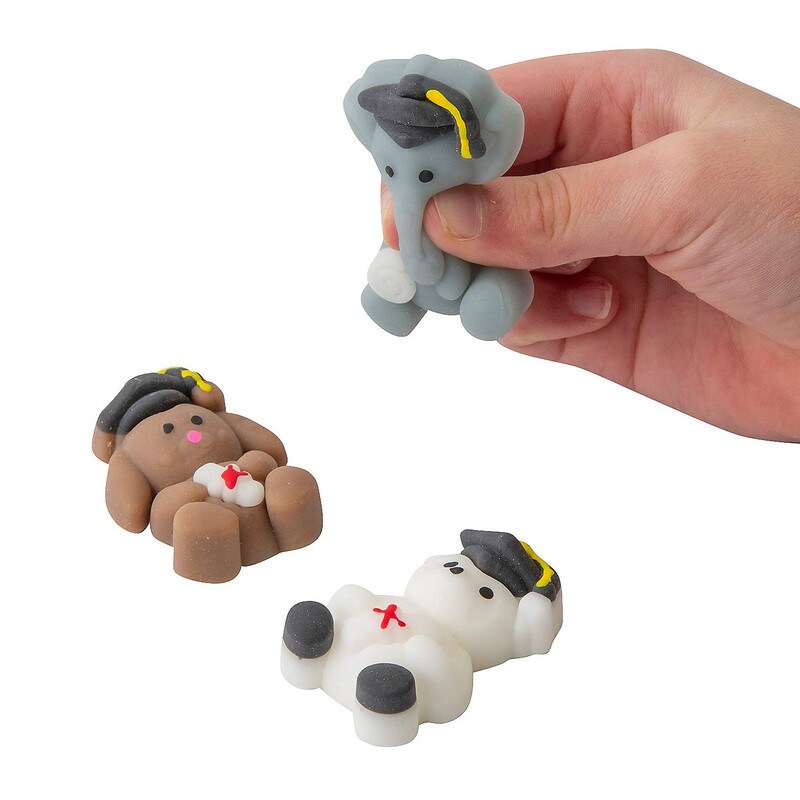 2 3/4&#x22; Mini Graduation Bear, Elephant &#x26; Puppy Mochi Squishies 12 Pieces