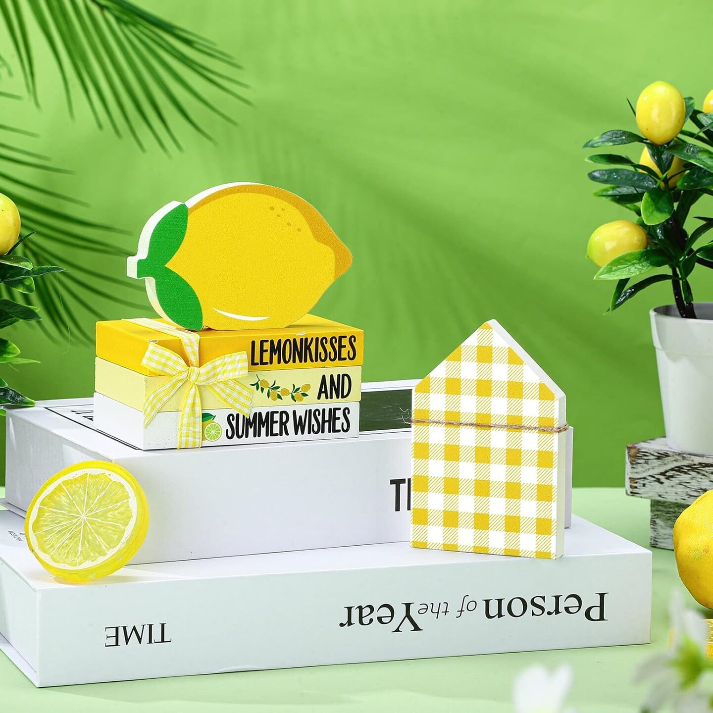 5 Pcs Summer Tiered Tray Set - Lemon Sunflower Beach Watermelon Mini Faux Books Stack with Twine Summer Wood Table Decor Starfish Truck Gnome Sign