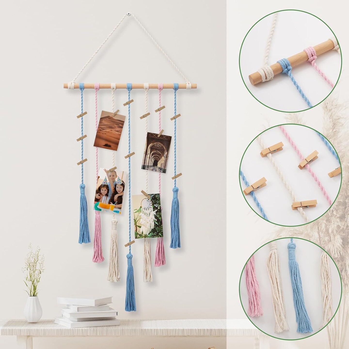Macrame Wall Hanging Boho Hanging Photo Display with 20 Clips&#xFF0C;Macro Photo Frame for Living Room, Dining Room, Home Decor&#xFF0C;Hair Clip Display&#xFF0C;Christmas Birthday Gifts(Coloured)