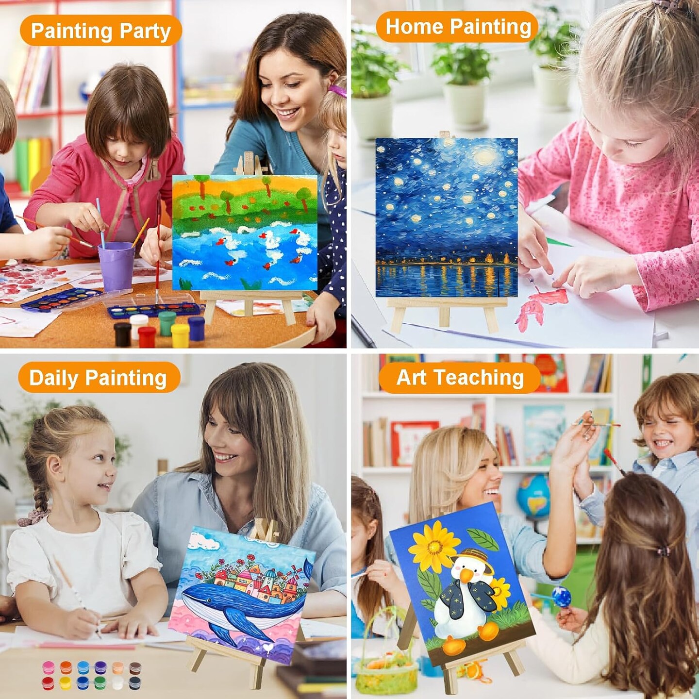 8 Pack Canvas and Easel Set for Party, 8x10in Canvas Painting Set with Wood Easels, Brushes, Paint Trays & Acrylic Paints, Paint Party Supplies Canvas Painting Kits for Adults & Kids