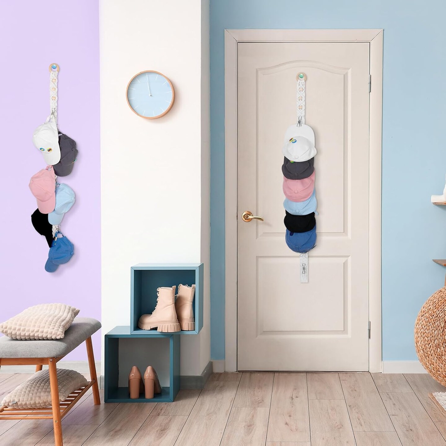 2 Pcs Boho Hat Rack for Baseball Caps, Holds up to 20 Hats, Macrame Color Hat Hangers Wall Mounted, Hanging Cap Holder over Door for Caps Decoration and Display