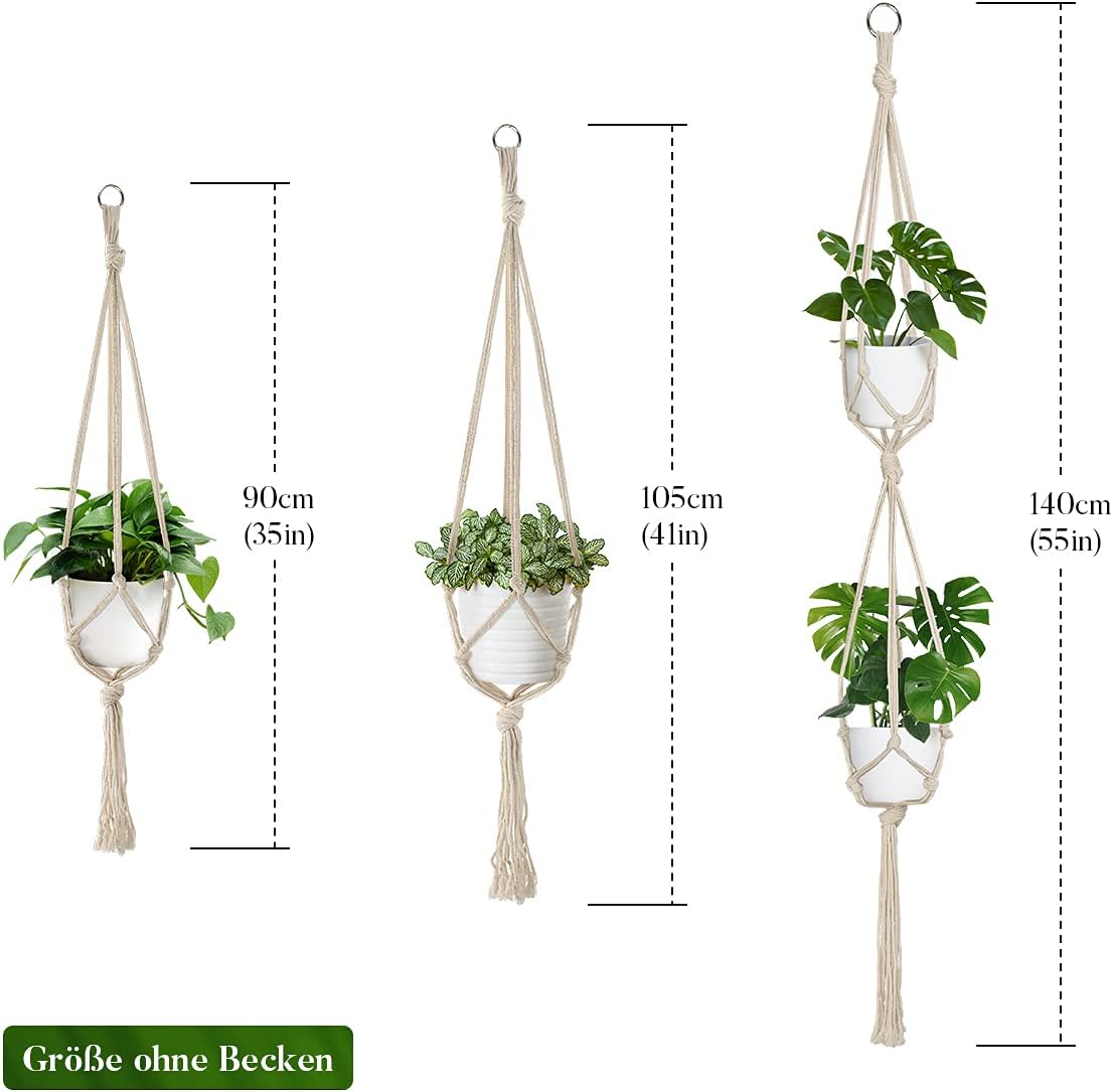 5-Pack Macramé Plant Hangers – Indoor Hanging Planter Holders with S-Hooks & Hook Nails, Handmade Boho Hanging Baskets in 3 Sizes (34" / 40" / 54") for Small Pots – Beige