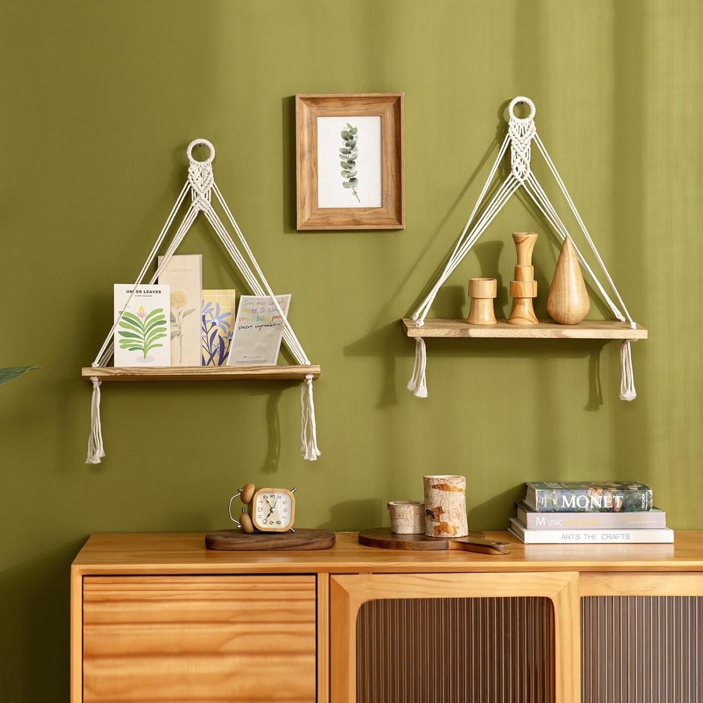 Macrame Hanging Shelves Boho Wall Decor Set of 2 Rustic Wood Floating Storage Shelf for Bedroom Bathroom Living Room Nursery Dorm Room, Display Shelving for Hanging Plants Photos