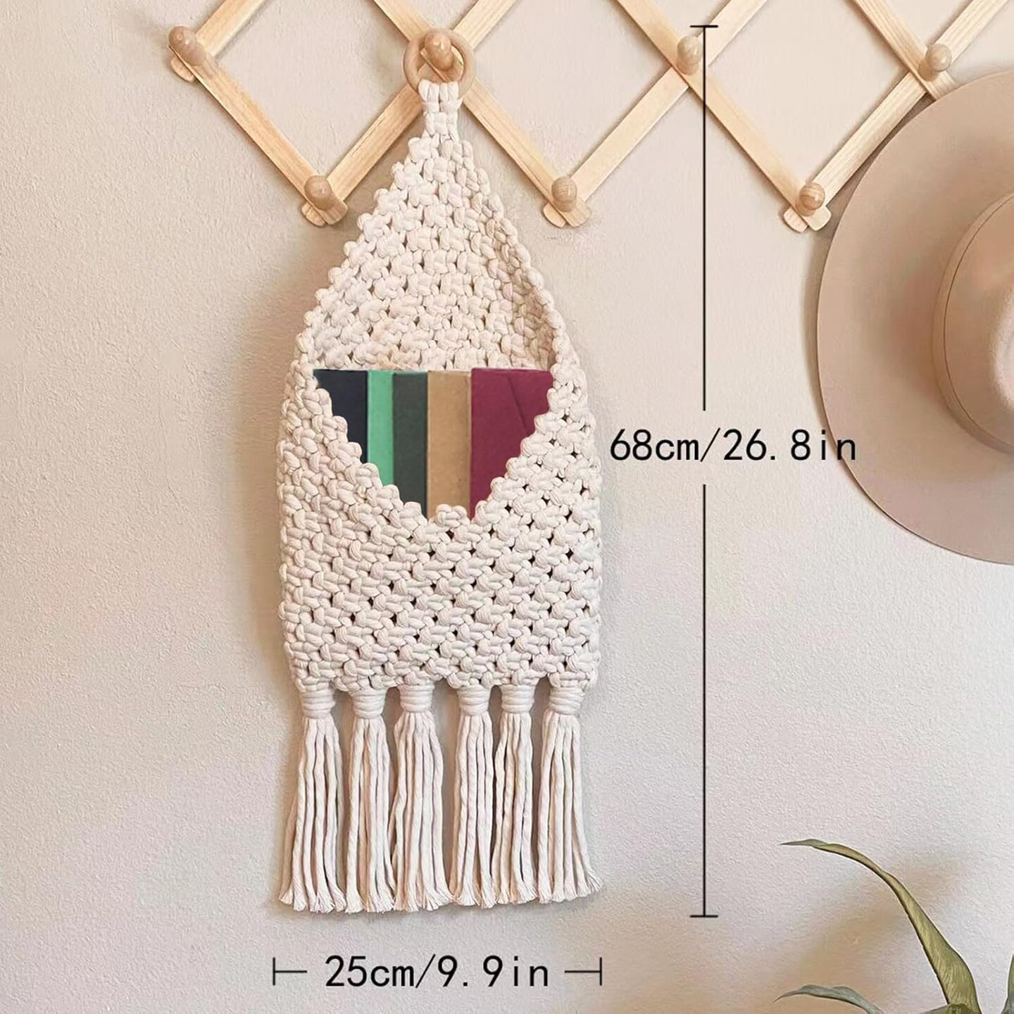 Macrame Mail Organizer Wall Mounted, Handmade Hanging Woven Basket for Boho Home Office Decor, Over the Door Key Letter Envelope File Holder for Entryway Hallway, White
