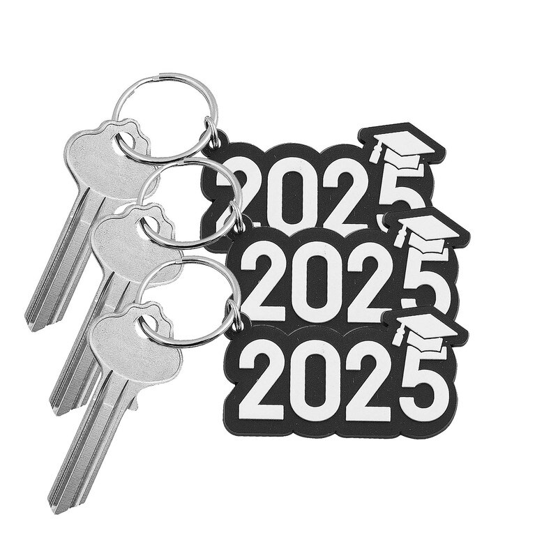 2025 Graduation Black & White Rubber Keychains 12 Pieces 2 1/4"
